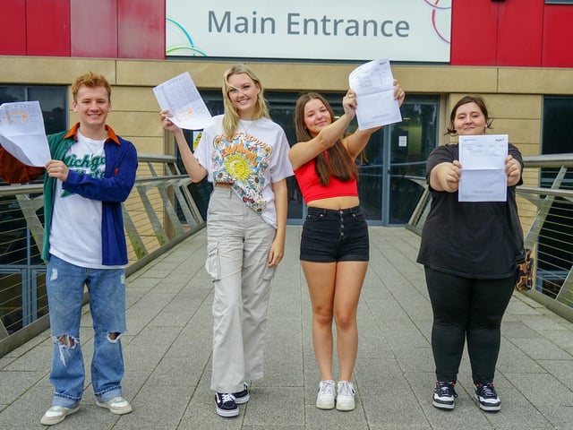Oliver Wiggleworth, Millie Smith, Billie-Jo Baxter and Chloe Shepherd at Vision West Nottinghamshire College on A Level results day.