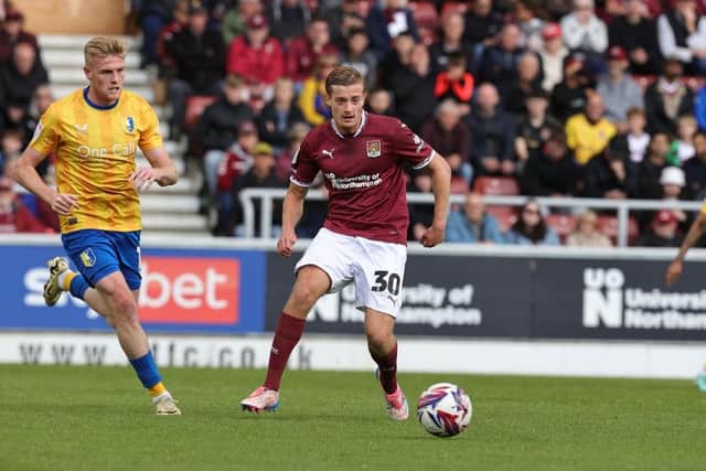 Will Evans working hard for Mansfield Town during the win at Northampton Town.