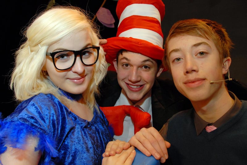 Performing Arts BTEC students from the Brunts Academy held a dress rehearsal at Mansfield's Palace Theatre for their forthcoming production, Seussical The Musical based on books by Dr Seuss in 2012. Pictured from the left are; Amy Beilby 18 as Gertrude McFuzz,  Thomas Carledge 17 as The Cat in the Hat and Daniel Rainford 15 as Horton The Elephant.