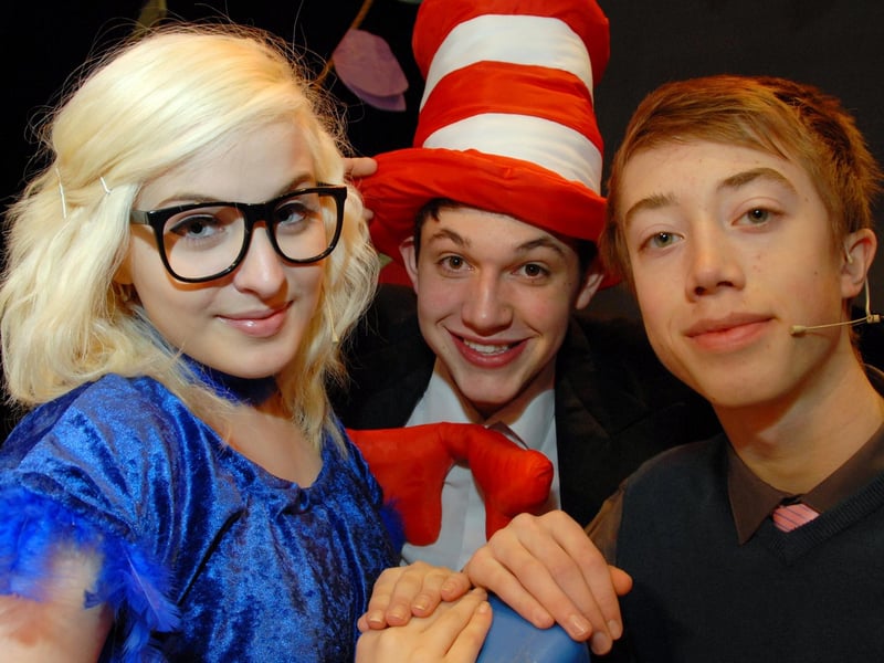 Performing Arts BTEC students from the Brunts Academy held a dress rehearsal at Mansfield's Palace Theatre for their forthcoming production, Seussical The Musical based on books by Dr Seuss in 2012. Pictured from the left are; Amy Beilby 18 as Gertrude McFuzz, Thomas Carledge 17 as The Cat in the Hat and Daniel Rainford 15 as Horton The Elephant.