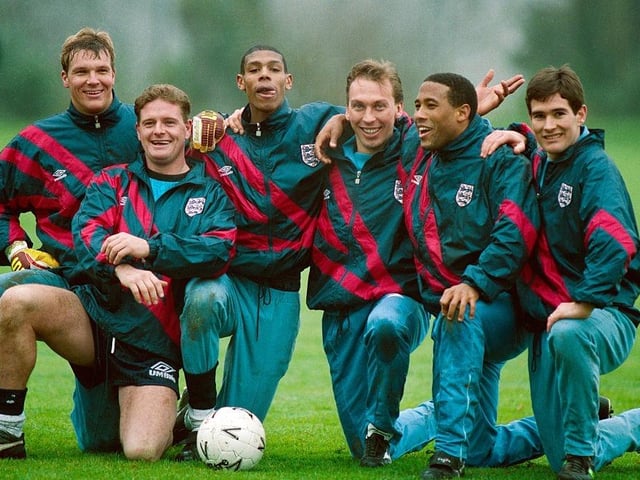 England players from left, Chris Woods, Paul Gascoigne, Carlton Palmer, David Platt, John Barnes and Nigel Clough pose for a picture during an England training session at Bisham Abbey on February 15, 1993