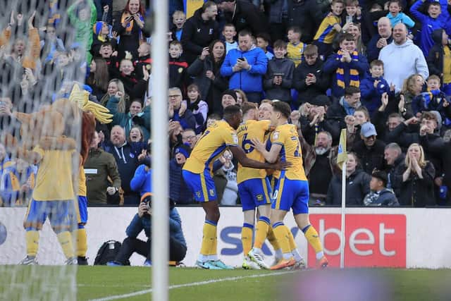 Stags celebrate their early opener during the Sky Bet League 2 match against Accrington Stanley FC at the One Call Stadium, 16 April 2024, Photo credit Chris & Jeanette Holloway / The Bigger Picture.media