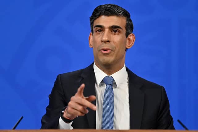 Chancellor of the Exchequer Rishi Sunak hosts a press conference in the Downing Street Briefing Room.