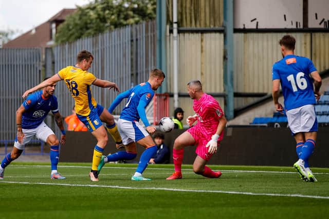 Rhys Oates threatenes during Stags' Pre Season match against Oldham Athletic AFC at the Boundary Park, 29 July 2023 
Photo Chris & Jeanette Holloway / The Bigger Picture.media