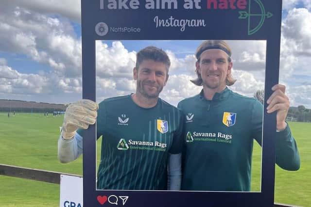 Stags stars Aden Flint, Will Swan, Lucas Akins, Davis Keillor-Dunn, Louis Reed, Aaron Lewis, Callum Johnson, Lewis Brunt, Christy Pym and Scott Flinders all posed with the ‘take aim at hate’ social media picture frame at the club’s training ground.
