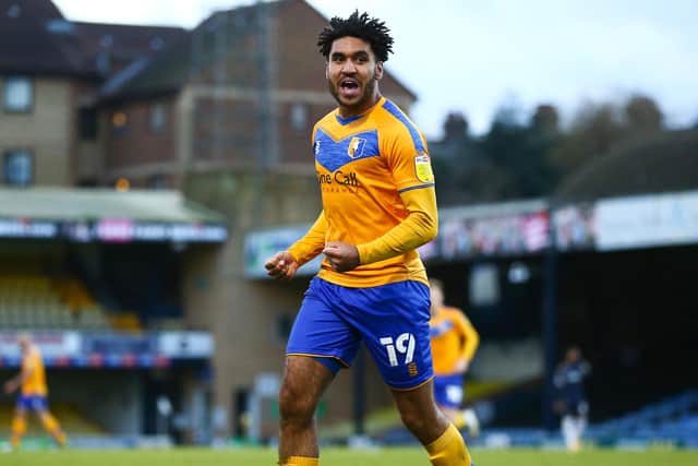 Jamie Reid of Mansfield Town celebrating his teams first goal during the Sky Bet League Two match between Southend United and Mansfield Town at Roots Hall on January 23, 2021 in Southend, England. (Photo by Jacques Feeney/Getty Images)