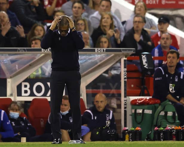 Despair for Chris Hughton after another defeats leads to his sacking by Nottingham Forest. (Photo by Matthew Lewis/Getty Images)