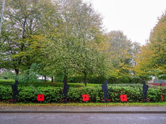 Soldiers and poppies line the road.