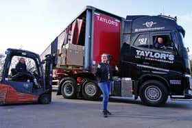 Taylors transport in Huthwaite are sending a lorry with goods for Ukraine. Seen AlanTaylor MD, Bogusia Kavanagh and driver Mark Taylor.                               