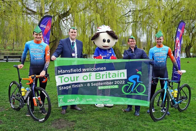 Pictured at the Tour of Britain announcement in Warsop are: Ollie Peckover, Ribble Weldtide rider, James Biddlestone, Mansfield District Council head of people and transformation, Tobi the TOB mascot, Mansfield mayor Andy Abrahams and Ross Lamb, Ribble Weldtide rider.