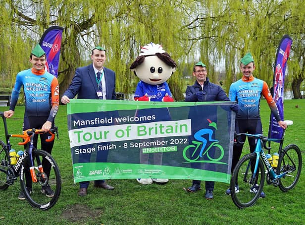 Pictured at the Tour of Britain announcement in Warsop are: Ollie Peckover, Ribble Weldtide rider, James Biddlestone, Mansfield District Council head of people and transformation, Tobi the TOB mascot, Mansfield mayor Andy Abrahams and Ross Lamb, Ribble Weldtide rider.