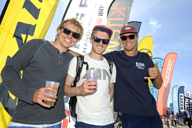 Hayling Island Kitesurfing Armada 2019. (l to r), Kite Surfers, Ben Grist, Sam Latham, and Tom Squires. Picture Ian Hargreaves 220619-08
