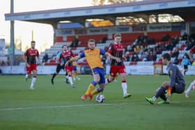 Rhys Oates is denied in a one on one as Stags had to settle for a draw at Stevenage last wekeend. Photo by Chris Holloway/The Bigger Picture.media