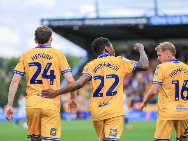 Mansfield Town midfielder Nathan Moriah-Welsh (22) celebrates his 1st half goal during the Sky Bet League 1 match against Luton Town FC at the One Call Stadium, 30 Aug 2026, Photo credit Chris & Jeanette Holloway / The Bigger Picture.media
