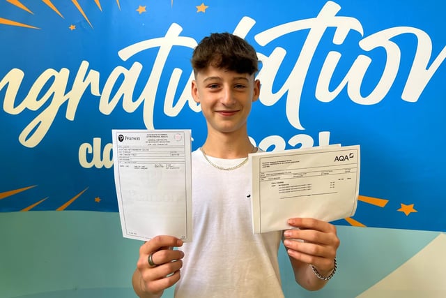 Finley Maguire celebrates after achieving his first-ever GCSE grades in maths and English
