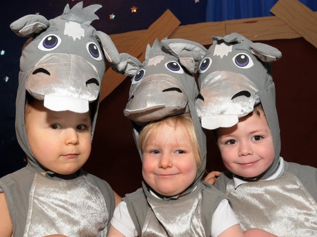 The Three Little donkeys at Ethel Wainwright school in Mansfield getting ready for their nativity in 2010 - from the left are Kevin Parker, Chloe Willis-Smith, Corey Blythe         .