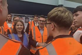 Mayor Claire Ward and PM Andy Burnham talk to students and employees