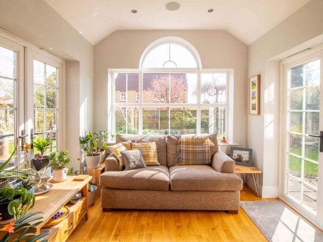 The kitchen/breakfast room opens into this amazing garden room, which adds a touch of luxury to the Sutton property. All three sides have double-glazed doors and windows, with the rear window having a decorative semi-circle at the top.This is a lovely place to enjoy the delights of the garden, whatever the weather.