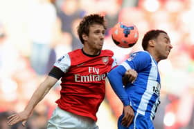Nacho Monreal and James Perch compete for the ball during the FA Cup Semi-Final match between Wigan Athletic and Arsenal in 2014. (Photo by Mike Hewitt/Getty Images)