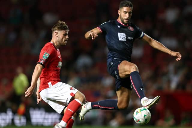 Dan Sweeney in action for Stevenage against Charlton Athletic. (Photo by James Fearn/Getty Images)