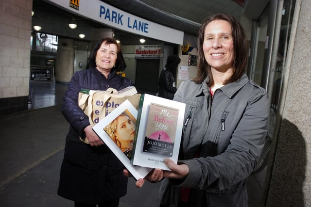Author Sheila Quigley and Sunderland Access and Inclusion Librarian Jolene Dunbar handed out free books at the Park Lane Metro Station on World Book Night seven years ago.