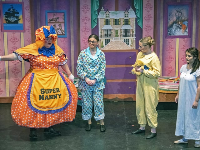 Nanny McSmee, John, Michael and Wendy in the Darling children's bedroom during MHTT's performance of Peter Pan in 2020.