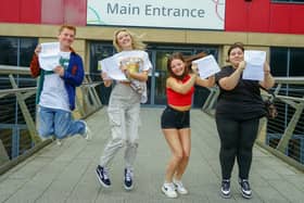 Oliver Wiggleworth, Millie Smith, Billie-Jo Baxter and Chloe Shepherd at Vision West Nottinghamshire College on A Level results day.