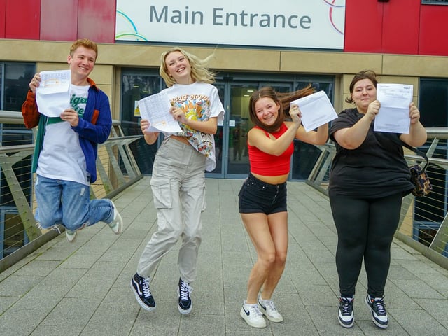 Oliver Wiggleworth, Millie Smith, Billie-Jo Baxter and Chloe Shepherd at Vision West Nottinghamshire College on A Level results day.
