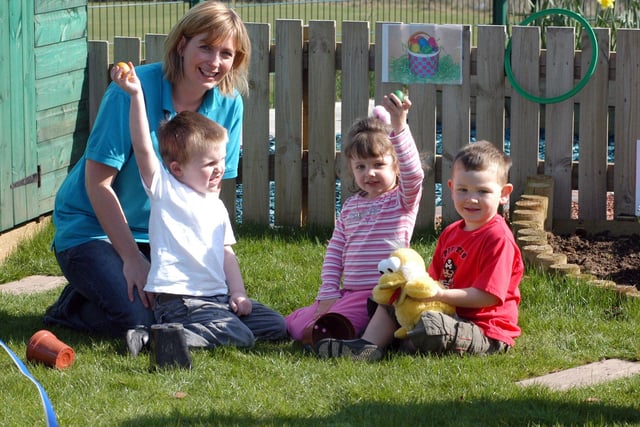 Alison Waring pictured with youngsters during the 2007 Easter Egg Hunt at the Ladybrook Childrens Centre. Pictured from the left are Max Heather, Reeanna Lapinski, and Jack Wileman