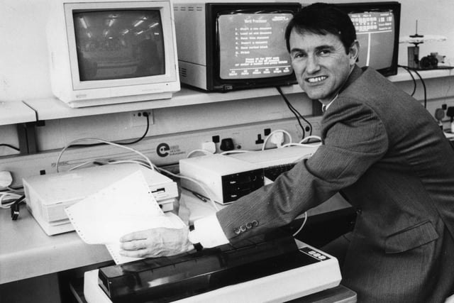 Mortimer Comprehensive School headmaster Albyn Snowdon in 1990 with the computers putting the school into the 21st century.