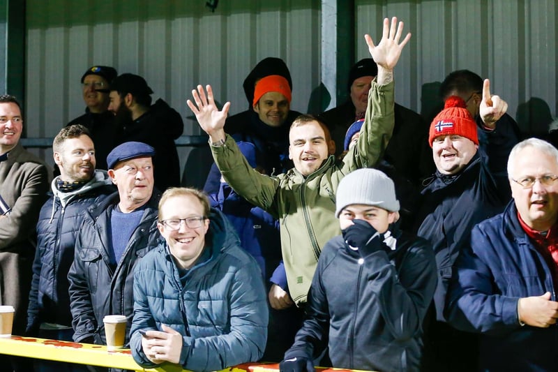 Travelling Mansfield fans at Sutton Utd FC. Pic: Chris Holloway / The Bigger Picture.media