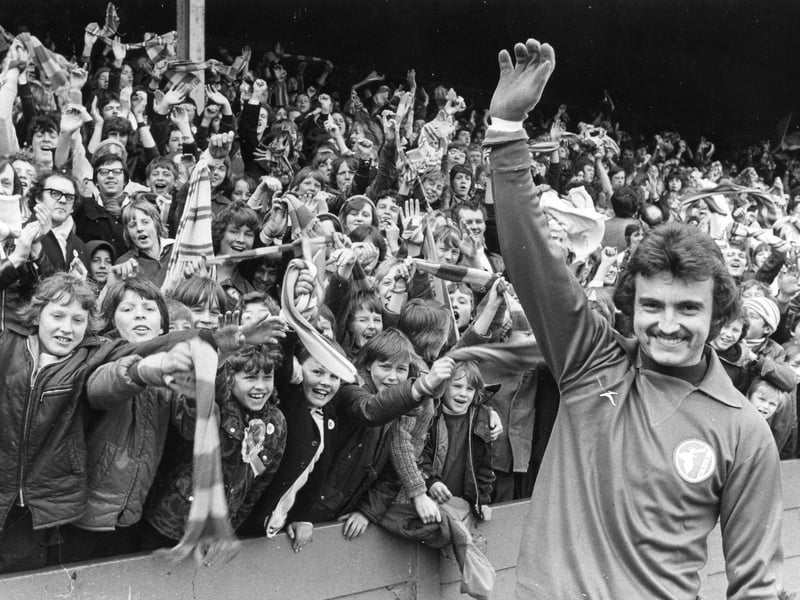 The Wolverhampton-born keeper is pictured taking the applause of the crowd. He joined Stags on loan in 1971 before moving permanently to Field Mill in 1973. With 513 first-team appearances (440 in the league), he is the club's all-time appearance record holder.
