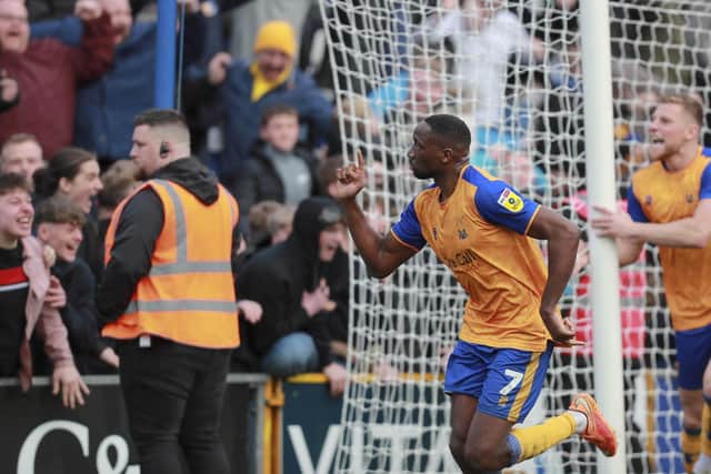 Mansfield Town striker Lucas Akins nets at Stockport County amid a powerful last part of the season. Photo by Chris & Jeanette Holloway/The Bigger Picture.media