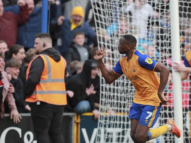 Mansfield Town striker Lucas Akins nets at Stockport County amid a powerful last part of the season. Photo by Chris & Jeanette Holloway/The Bigger Picture.media