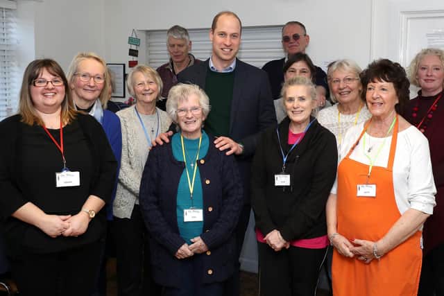 MANSFIELD, ENGLAND - FEBRUARY 26: Prince William, Duke of Cambridge (C) poses with volunteers during a visit to The Beacon, a day centre which gives support to the homeless and vulnerable people on February 26, 2020 in Mansfield, England. (Photo by Chris Jackson - WPA Pool/Getty Images)