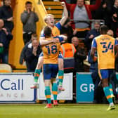 Stags celebrate their fisrt goal against Stevenage on Tuesday night. Photo by Chris Holloway / The Bigger Picture.media