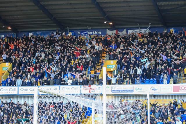 Stags fans celebrate the early goal during the Sky Bet League 2 match against Accrington Stanley FC at the One Call Stadium, 16 April 2024, Photo credit Chris & Jeanette Holloway / The Bigger Picture.media