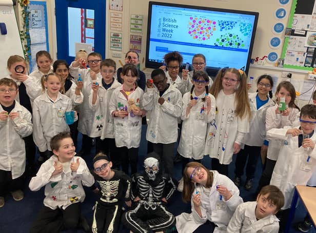 Children at Kimberley Primary School with their experiments during British Science Week.