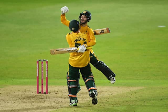 Ben Duckett and Dan Christian celebrate victory in the Vitality Blast 20 final. (Photo by Alex Davidson/Getty Images)