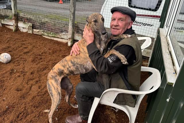 Barry Denby with his beloved greyhound Butlers Lane.