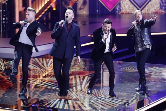 Westlife - from left Nicky Byrne, Mark Feehily, Shane Filan and Kian Egan - on stage at the annual German film and television awards.