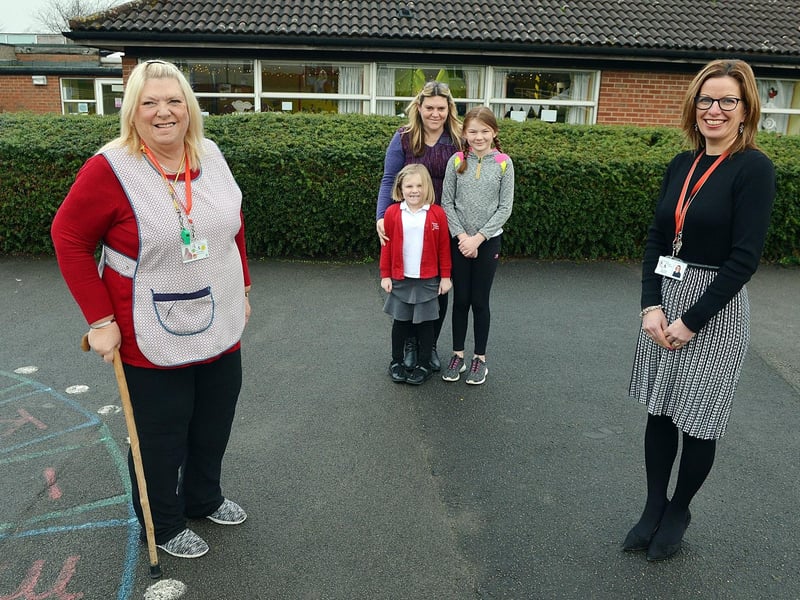 Brenda Needham midday supervisor at Crescent Primary School Mansfield. She is 70 and hanging up her tabard after 38 years. Brenda Needham, Lisa Harris, Isabella Harris, Eleanor Harris and Headteacher Rachel Spray.