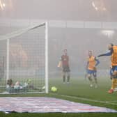 Jordan Bowery celebrates his goal against Hartlepool Utd. But they will not be able to build on their win after telling the EFL that Stags cannot fulfill their trip to Harrogate Town on Wednesday