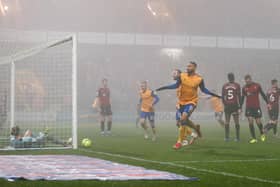 Jordan Bowery celebrates his goal against Hartlepool Utd. But they will not be able to build on their win after telling the EFL that Stags cannot fulfill their trip to Harrogate Town on Wednesday