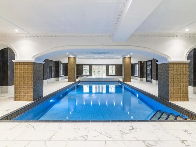 This stunning property boasts a private Swimming Pool and  Spa enveloped in Venetian plaster with elegant arched walkways, the indoor pool complex includes a sauna, changing room, and French doors opening to the patio.