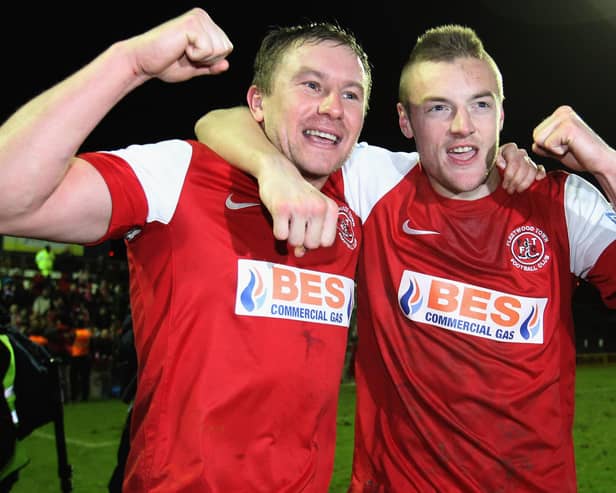 Jamie McGuire celebrates with Jamie Vardy in their successful Fleetwood Town days.