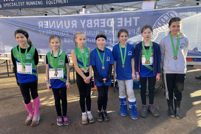 Mansfield Harriers county title-winning U11s girls cross country team.