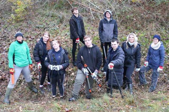 Animal care students worked with Amy Chandler of Forestry England, left, and college staff Stacey Wilcockson, second right, and Stacey Allcock, right, to clear a ditch at Silverhill Woods.