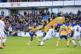Hiram Boateng nets during the Sky Bet League 2 match against Crawley Town FC at the One Call Stadium, 06 April 2024, Photo credit Chris & Jeanette Holloway / The Bigger Picture.media