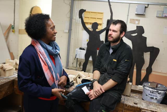His Majesty’s Lord-Lieutenant of Nottinghamshire, Professor Veronica Pickering MBS HAC speaks to and thanks ATTFE College Technician Adam Overton - Mills.
